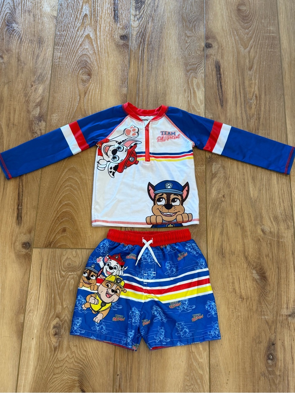 Paw Patrol Blue, White & Red Long-Sleeve Rash Guard Swim Set